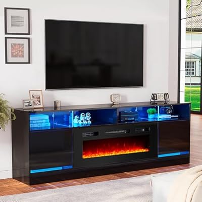 Fireplace TV Stand for TVs Up to 75", 70" Black Entertainment Center with 36" Electric Fireplace and LED Light, Storage Cabinet with Heater Insert, Glossy Modern Media Console Table for Living Room