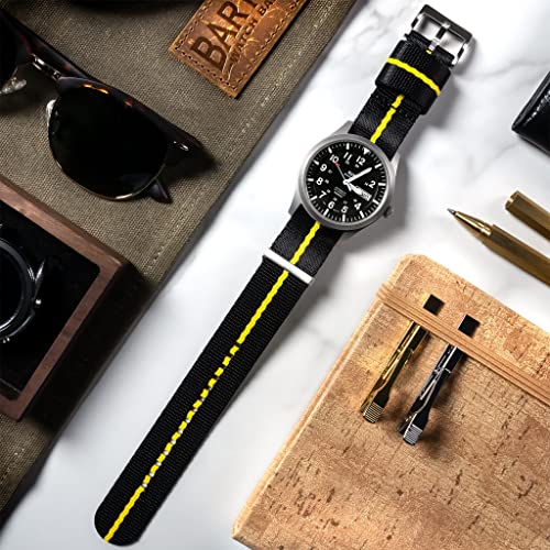 Image of BARTON WATCH BANDS, 22mm Black /Yellow Stripe - Elite NATO Style Watch Strap - Black Buckle - Seat Belt Nylon Watch Bands