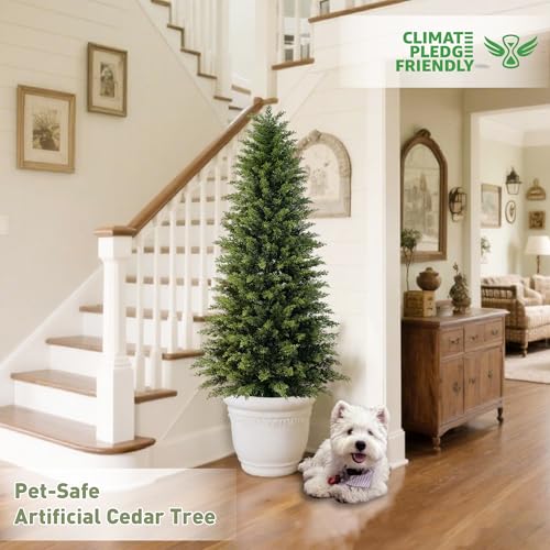 Image of 2 Pack 5ft Artificial Cedar Trees for Outdoors (UV Resistant), Potted Faux Cedar Topiary Plants for Front Porch, Realistic Evergreen Shrub for Entryway & Patio Decor