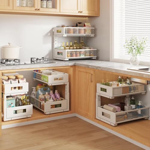 Image of Under Sink Organizer, 2-Tier Dual Pull Out Cabinet Organizer Drawers With Smooth Circular Rail, Large Capacity Metal Mesh Sliding Shelves For Bathroom& Kitchen Storage,Height Adjustable-White,2 Packs