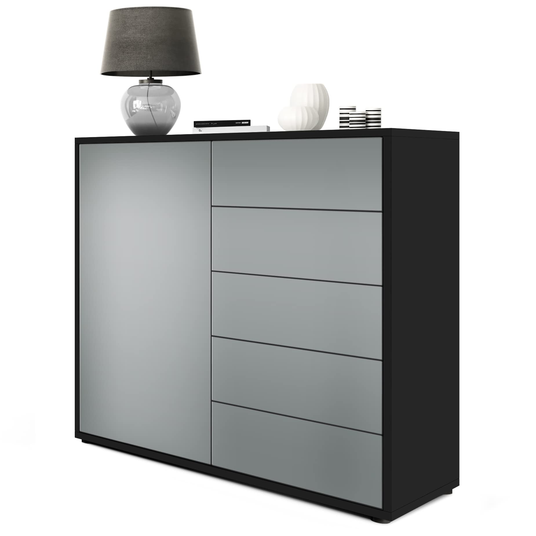Vladon Buffet Ben V2, Commode avec 1 Portes et 5 tiroirs, Noir Mat/Graphite satiné Mat (79 x 74 x 36 cm)