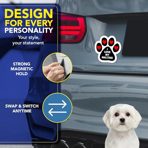 Image of Magnet Me Up I Love My Maltese 5x5 Inches Magnetic Decal for Cars, Trucks and SUVs - Pawprint Shape Car Magnet Ideal Accessories Gift for Dog Lover, UV Printed Weatherproof Vinyl, Made in USA