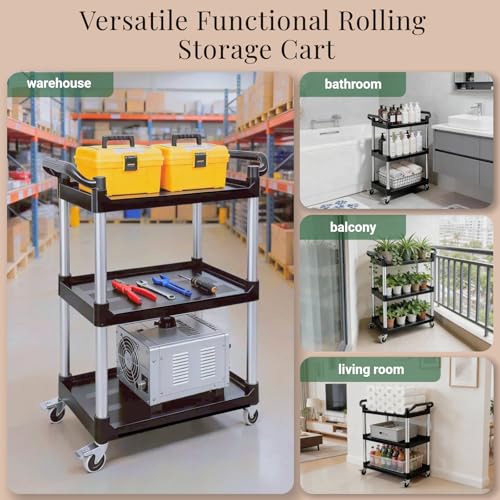 Image of 3 Tier Heavy Duty Rolling Utility Cart with Strong Wheels and Handle 500lbs Load Capacity Plastic Serving Cart for Food Commercial Garage Restaurant Kitchen, Black Storage Shelf
