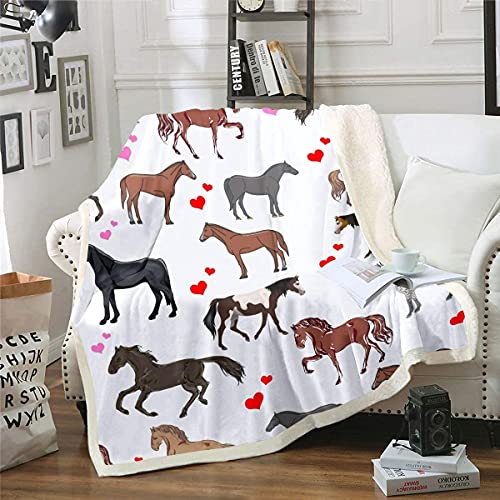 Loussiesd Cute Horse Blanket Throw for Kids, Heart Fleece Plush Blanket, All Season, Double 60"x79", Multicoloured 001
