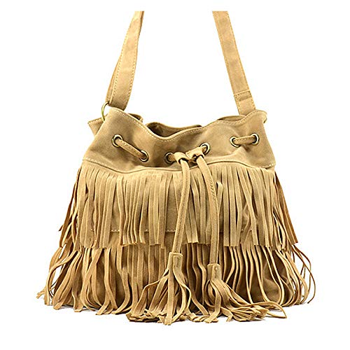 CLARA Women Faux Suede Tassel Fringe Bucket Bag Hippie Shoulder Bag Crossbody Bag2