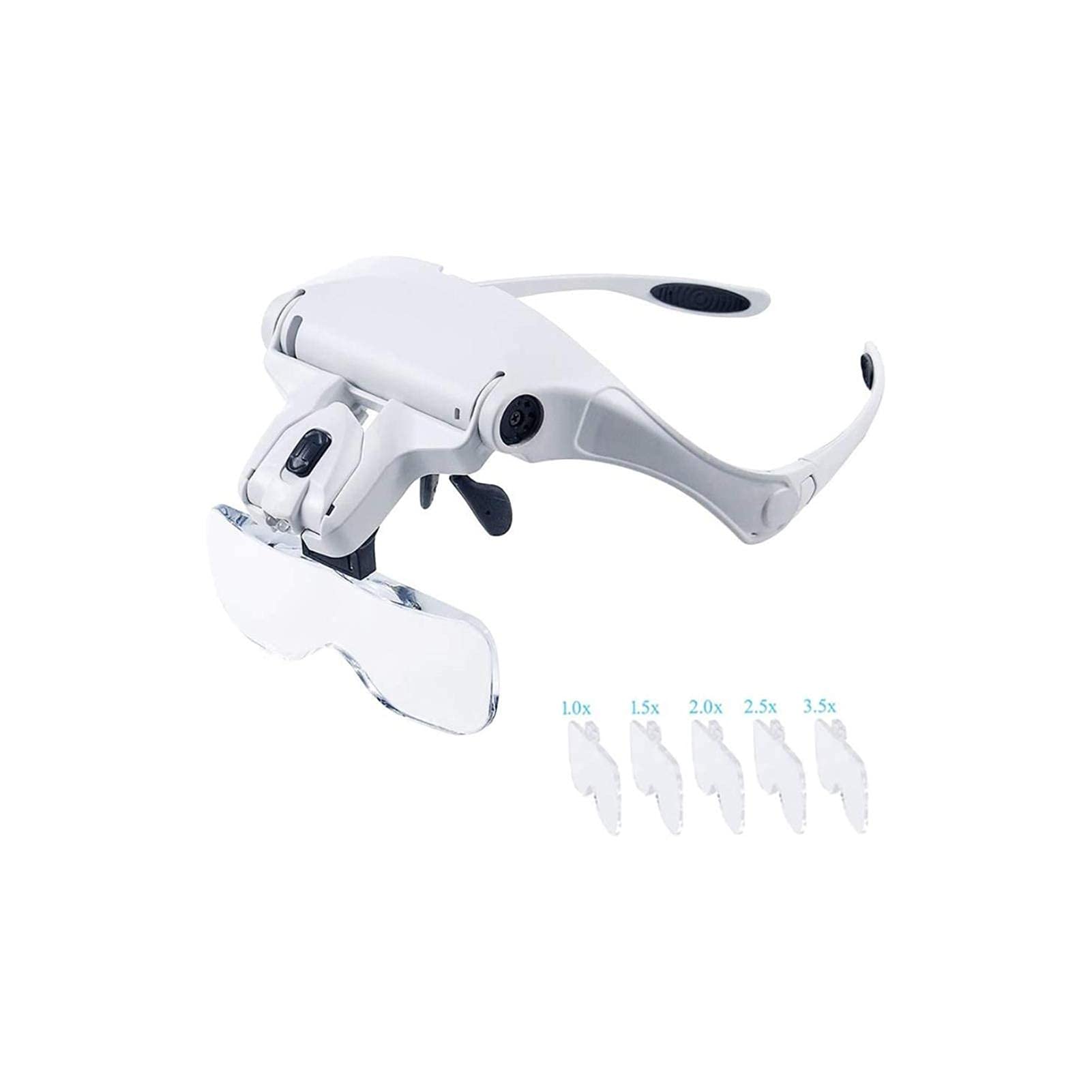 Stirnbandlupe, Kopflupe Mit Beleuchtung, Freisprechende Stirnbandlupe Mit LED-Beleuchtung, 1X Bis zu 3,5X Zoom Mit 5 Wechselobjektiven, Hauptlupe Vo.