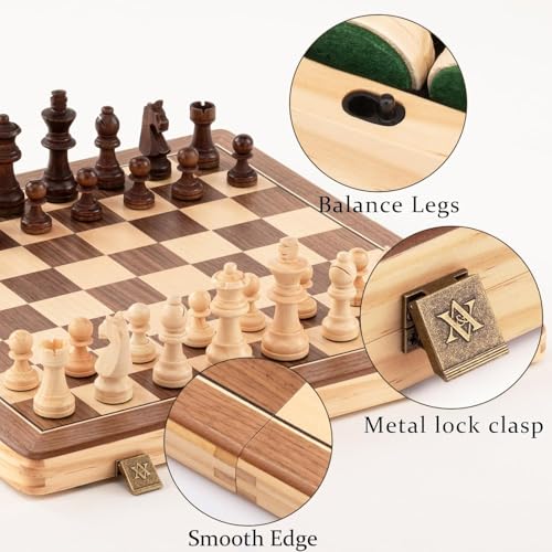A&A Chess & Checkers - Set pieghevole in legno, 15 pollici, 2 pezzi extra queen…