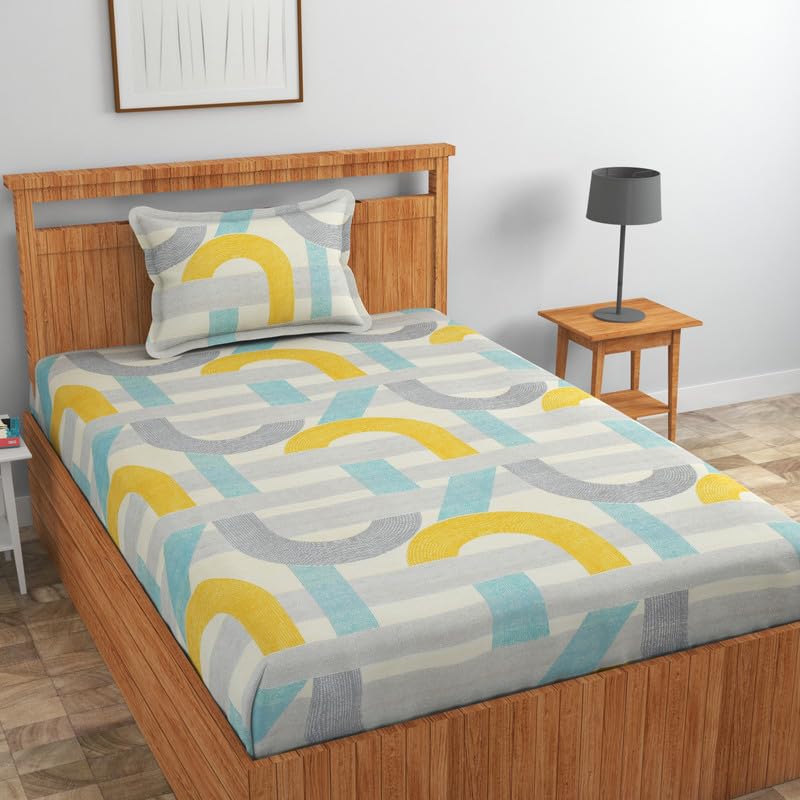Image of NHD HOME Pure Cotton 180 to 220 tc Flat Single Bedsheets for Summer Breathable | Wrinklefree | Super Soft (Size-60 X 90 Inch) with 1 Pillow Covers (Size-17 X 27 Inches, Floral, Beige Yellow)