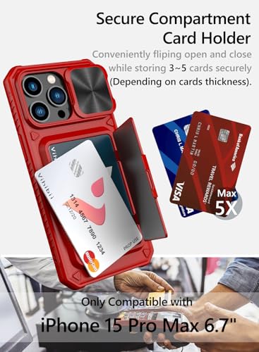 Image of Vihibii for iPhone 15 Pro Max Wallet Case with Card Holder (4 Cards) & Slide Lens Protective Cover & Kickstand & Raised Edges Protection, Shockproof Back Cover for iPhone 15 Pro Max 6.7 inch, Red
