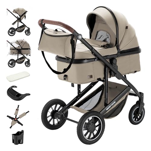 Daliya® FLEXI-PRO M 2in1 Kombikinderwagen & Buggy – XXL-Set, Reise-Kinderwagen mit Einhand-Abnahme, Wetterschutz, Sportsitz, Wickeltasche, Spieltisch, Regenschutz, dicke Matratze (Beige Leinen)