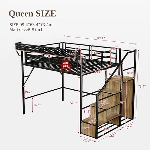 Image of Queen Size Metal Loft Bed with Reversible Stairs and LED & USB Port | Storage Shelf, Reversible Storage Stairs with Wardrobe, LED Lights,USB Charging Port,Sturdy Noise-Free Design,Large Under Bed