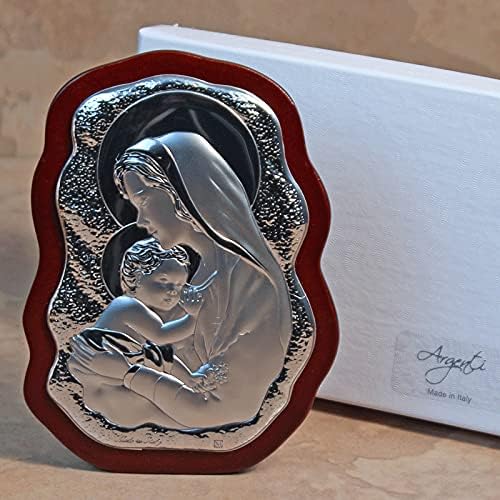 Italiana Plata Madonna y Jesús Icono en Madera Confirmación Católica Favores y GITS