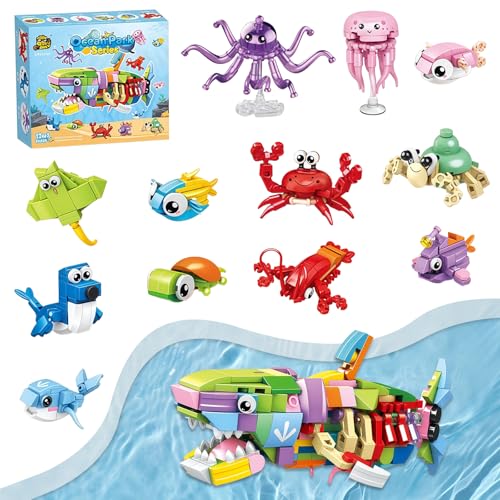 WEFINEST Building Blocks Set Meer, 12 in 1 Klemmbausteine Meerestiere Kinder, Mini Klemmbausteine Set Tiere, Mini Tiere Bausteine für Jungen Mädchen 6-12 Jahren für Klassenpreis, Geburtstagsgeschenk