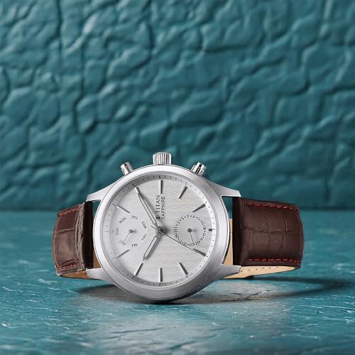 Image of Titan Sapphire Quartz Multifunction White Dial Brown Leather Strap Watch for Men - NT1874SL03