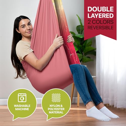 Image of Indoor Sensory Swing for Kids or Outdoor - Holds 300lbs, Double-Layer, & 360 Swivel, Calming Compression Therapy Swing Hammock for Kids & Adults with All Hardware - Sensory-Motor Toys & Gifts