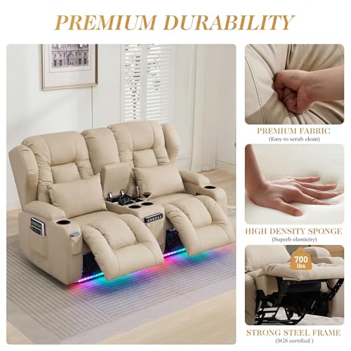 Image of Loveseat Recliner Sofa with Console,RV Wall Hugger Recliners for Small Spaces,Reclining Loveseat Sofa Recliner with DIY LED Lights /Cup Holders /Lumbar Pillows,RV Furniture,Beige,66 inch 2-Seater with light