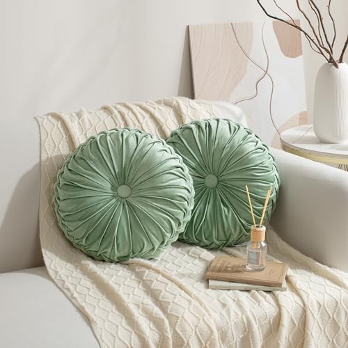 Image of HIG Set of 2 Decorative Round Pleated Throw Pillows, Classy Accent Pumpkin Throw Pillows with Center Button, Vintage Velvet Floor Pillows for Sofa Vanity Chair Bed, Sage, 14.5 inch Diameter(Ripple)