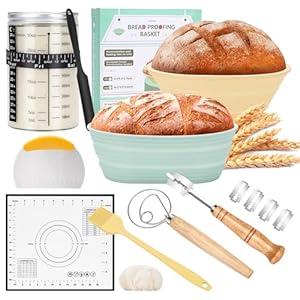 HK Sourdough Bread Starter Kit with 2 Sourdough Proofing Baskets(23cm Round & 25cm Oval), Sourdough Starter Jar(1000 ml), Thermometer, Feeding Time Tracker, Metal Scraper and Complete Supplies