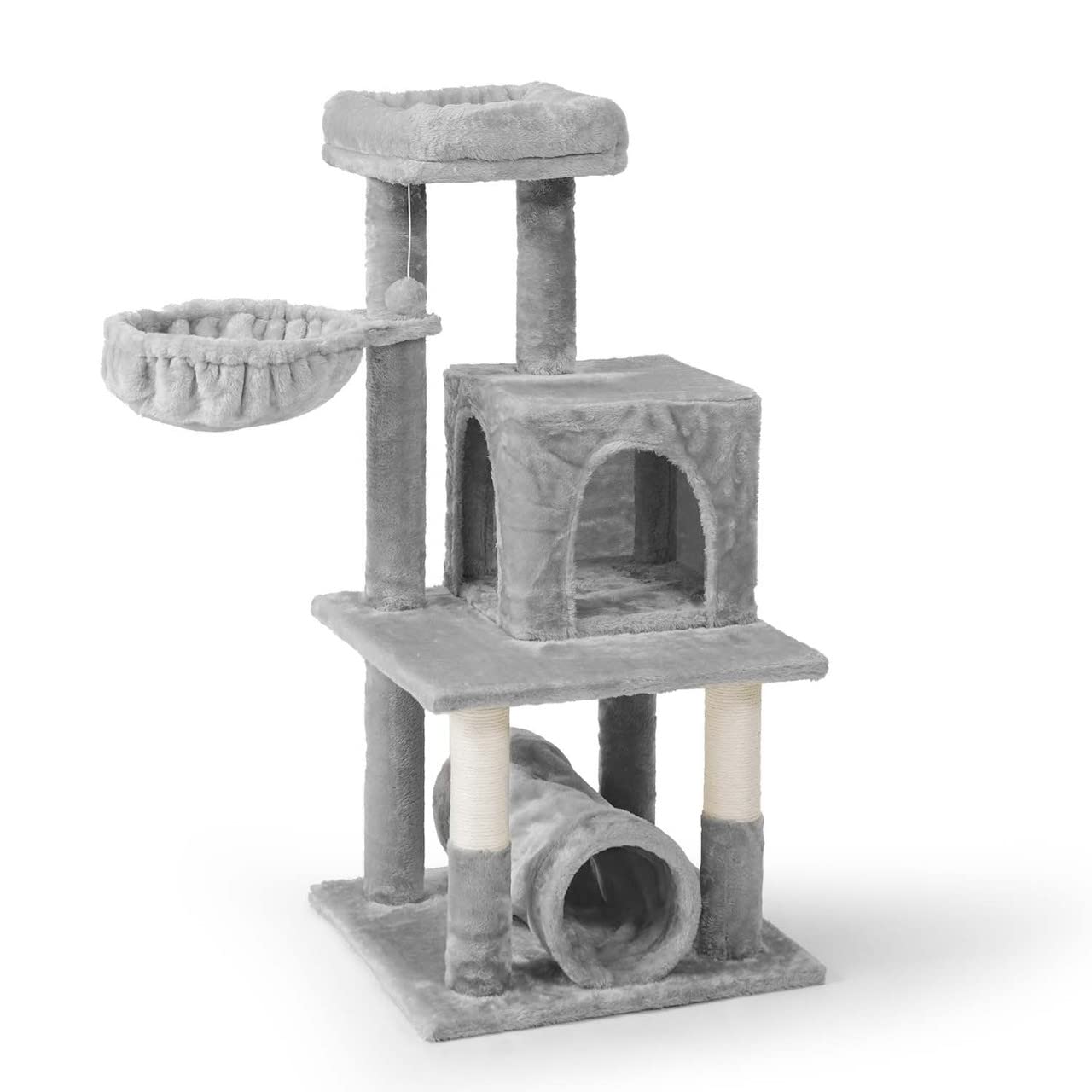 CAPHAUS Large Cat Tree with Scratching Posts, Cave Condo, 40-Inch Multi-Level Indoor Activity Structure with Basket for Cats, Modern Sisal Wrapped
