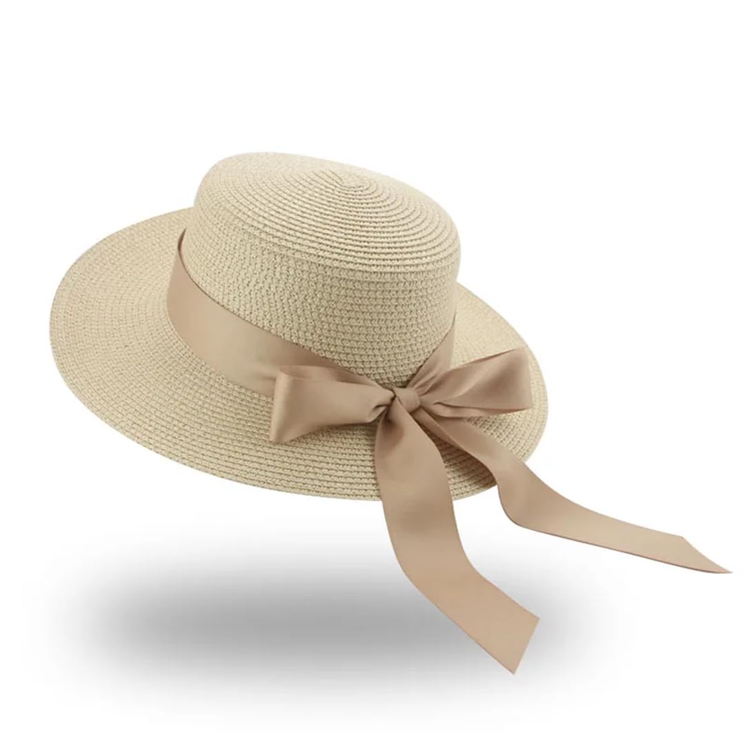 Yeuyyben Cappello da pescatore estivo da donna, cappello da spiaggia, cappelli di paglia per le donne con fiocco a nastro con parte superiore piatta elegante cappelli di paglia Sombrer