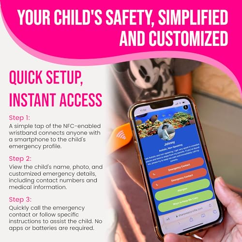 Image of Kids ID Bracelet - Fitted NFC Safety Wristband, Slip-On Child ID Band for Emergency Contact Info, Waterproof Silicone, Not GPS, Wear on Wrist or Ankle, Ideal for Theme Parks, Travel & Beaches