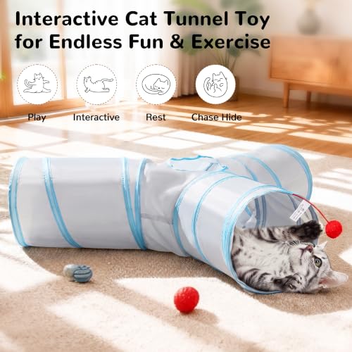 Image of Tempcore Cat Tunnel, 3-Way Collapsible Toy, Large Size Light Grey & Blue | Large Size 3-Way Cat Tunnel Provides More Room for Cats to Run, Hide and Chase, with Peek Holes, Hanging Ball and Teaser Wand