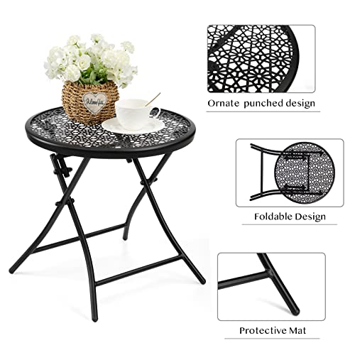 Teokj Folding Outdoor Side Tables, Anti Rust Small Patio Table Round Metal End Table With Flower Cutouts For Porch Yard Balcony Deck Lawn, Black #TOP4