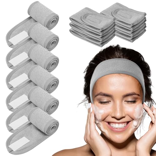 Lophe - Diadema de microfibra para el cabello y maquillaje, 6 unidades, reutilizable, ajustable, con cinta mágica, para yoga y deporte, cuidado facial, gris