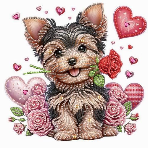 Image of AiYuanzsh 5D Special Shape Diamond Art Kits for Adults, Valentine Puppy Diamond Painting Kit with Hearts and Roses, Crystal Rhinestone Diamond Art for Wall Decor Gift, 12x12 Inch