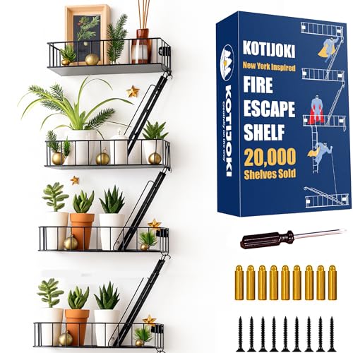 KOTIJOKI 4 Tier Fire Escape Wall Shelf New York Decorative Floating Shelf Wall Art Ladder Shelf Black Metal Trinket Shelves for Bedroom Home Office Storage and Display - Giftable Option