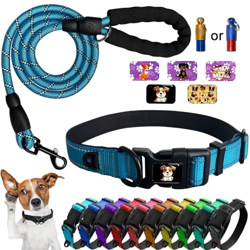 Mauts Pet Dog Collars and Lead Set for Large Medium Small Dogs. (3 Pcs) (Blue Large)