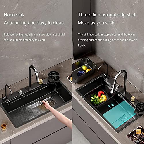 Stainless Steel Waterfall Kitchen Sink 26.8X17.7X8.3In Black Nano Kitchen Sink Workstation Single Bowl With Pull-Down Faucet Chopping Board Cup Washer Workstation Sink Accessories #TOP4