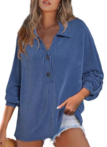 Astylish Women's Casual Blouses Button Down Business Batwing Tops Long Sleeve V Neck Ribbed Shirts 2025 Fall Outfit