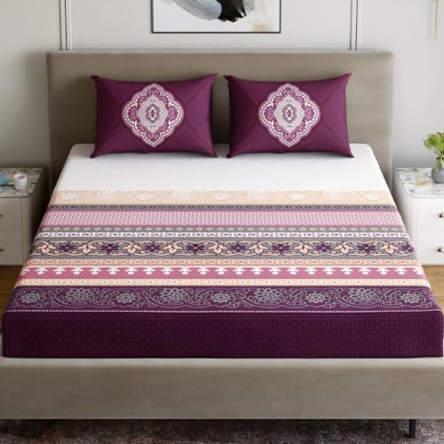 Image of Dreamscape 100% Cotton Double Bedsheet with 2 Pillow Covers - (Size 87 x 98 inches, TC, Colour - Purple)