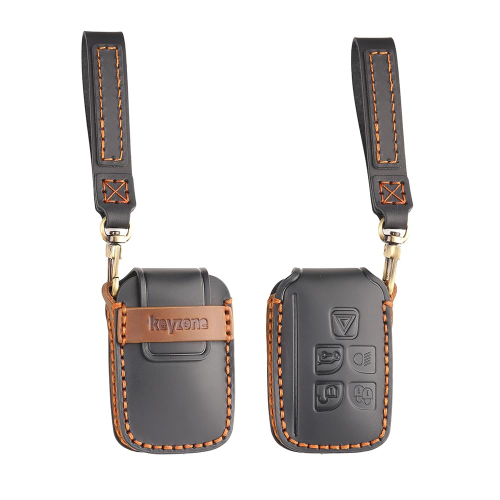 Keyzone Leather Key Cover and Keychain Compatible for Jaguar XF XJ XE F-PACE F-Type Range Rover Evoque Velar Discovery LR4 Land Rover Sport 5 Button Smart Key (Black)