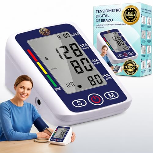 3JG® Tensiómetro de Brazo Digital con CABLE USB-C Incluido, Pantalla LCD de Alta Precisión, Validado Clínicamente, Medición de Presión Arterial y Pulso, Memoria para 2 Usuarios