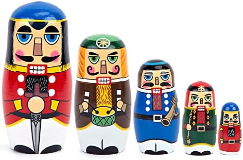 AMOR PRESENT Nutcracker Nesting Doll, 5Pcs Russian Matryoshka Dolls Christmas Nutcracker Figures Handmade Wooden Nutcracker Set