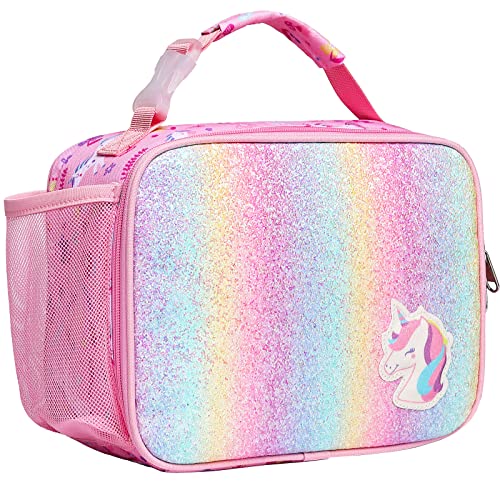 Bagseri Isolierte Kühltasche Kinder - Groß Lunchtasche Kinder für Mädchen mit Flaschenhalter, auslaufsicher Lunchbox Kühltasche Klein für Picknick Schulen, Glitzerndes rosa Einhorn