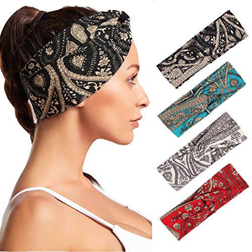Urieo Boho Yoga Headbands Black Flower Running Hair Bands Elastic Head Scarf for Women and Girls (Pack of 4)