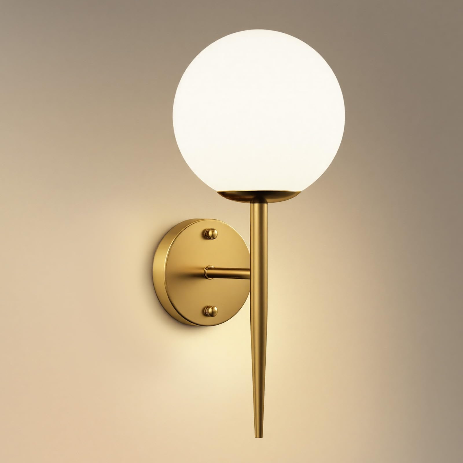 Warmiehomy Modern Glass Wall Light Sconce, E27 Round Gold Wall Lamp with Metal Long Rod, Hardwired Wall Lighting Fixtures for Bedside Bedroom Living Room Dining Room Hallway (Bulb Not Included)