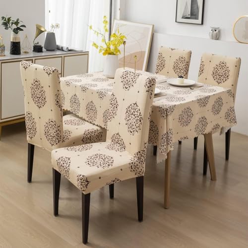 Image of Styleys Dining Chair Cover with Table Covers for Kitchen Waterproof Dining Table Cloth (1 Table Cover + 6 Chair Cover, Cream Brocade, CTSD3132)