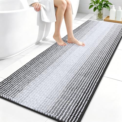 Image of OLANLY Bathroom Runner Rugs 59x24, Extra Soft Absorbent Chenille Striped Bath Rugs, Rubber Backing, Machine Wash Dry, Long Bath Mats for Bathroom, Tub, Shower, Home Decor Accessories, Dark Grey