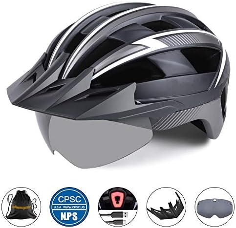 Basecamp Bike Helmet Men/Women,Bicycle Helmet CPSC/CE Certified with USB Rare Light&Magnetic Goggles&Sun Visor&Carry Bag Cycling Helmet BC-023 Adjustable Size for Adult Road/Mountain