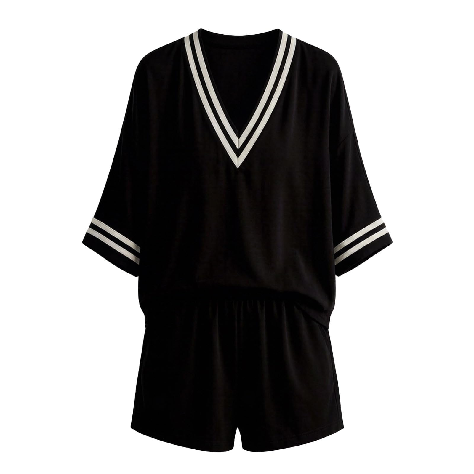 Zweiteiler Damen Sommer Outfits Leinen Elegant Slim Fit 2 Teiler Jogginganzug Hausanzug Set V-Ausschnitt Oberteile und Shorts Freizeitanzug Strand Urlaub S-5XL