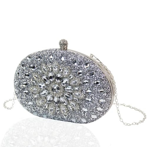 Rheinstone Women's Crystal Handbag, Fashionable Evening Dress Ball Sparkling Wallet, Formal Chain Shoulder Bag, Suitable for Women's Wedding Banquet, Birthday Party Cocktail Party (silvery)