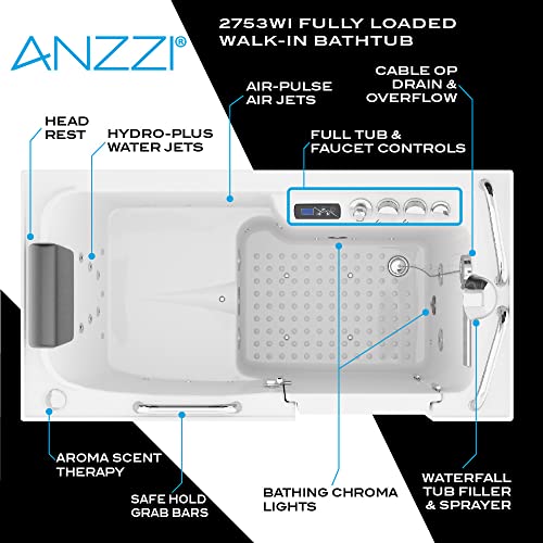 ANZZI Walk In Tub 27" x 53" Left Drain Fully Loaded, Air Jets & Whirlpool Massage Jets Hot Tub, Quick Fill, 6 Setting Handheld Shower Sprayer, Aromatherapy, Bath Pillow, LED Light - Thumbnail 4