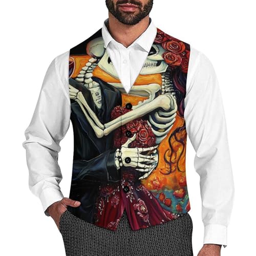 Skull Day of The Dead Skeleton Wedding Men's Suit Vest Slim Fit Business Dress Party Pattern Waistcoat Vest Top