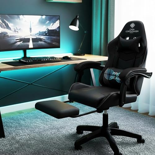 Casa Copenhagen Designed in Denmark,High-Back Italian Leather Gaming Ergonomic Chair with Advanced Mechanism & Electric Back Massager, Memory Foam Seating & Multi Function Arm-Rest - Black & Black
