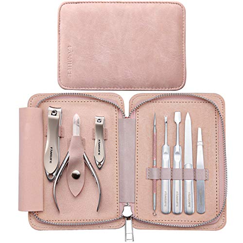 FAMILIFE Manicure Set Women Nail Clippers Manicure Set 8PCS Manicure Kit Nail Clippers for Women Nail Kit Stainless Steel Manicure Tools with Pink Leather Travel Case Valentines Day Gifts for Her Mom