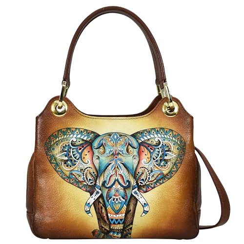 Anuschka Women’s Hand-Painted Genuine Leather Satchel with Crossbody Strap - Elephant Mandala